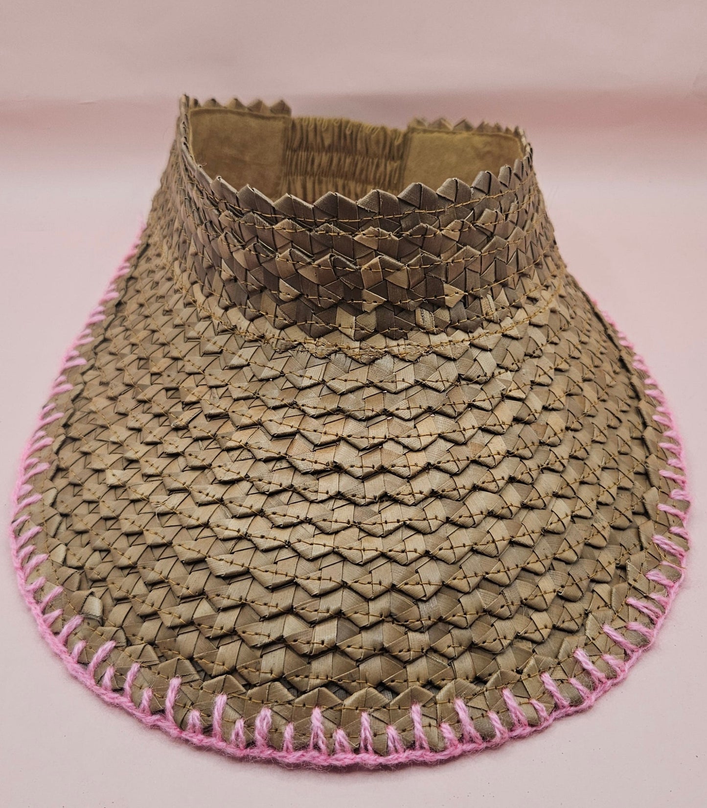 Natural Woven Palm Leaf Visor – Black, Pink, Yellow, or Cream Stitched Trim | Straw Sun Hat