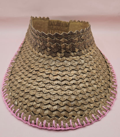 Natural Woven Palm Leaf Visor – Black, Pink, Yellow, or Cream Stitched Trim | Straw Sun Hat