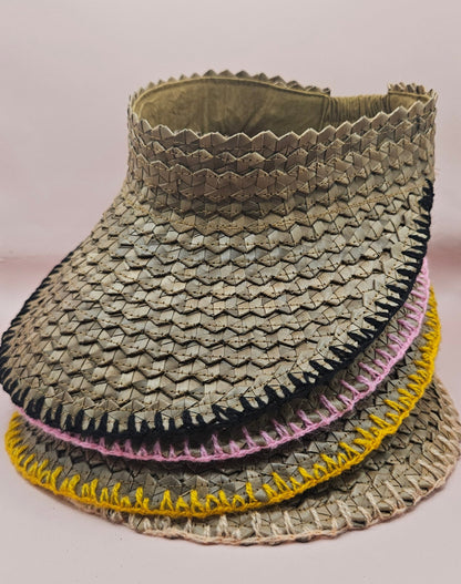 Natural Woven Palm Leaf Visor – Black, Pink, Yellow, or Cream Stitched Trim | Straw Sun Hat