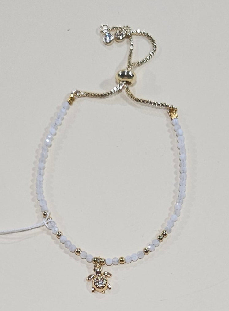 Natural Gemstone Bracelet with Turtle Charm – Adjustable Fit