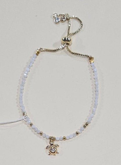 Natural Gemstone Bracelet with Turtle Charm – Adjustable Fit