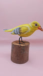Handcrafted Yellow Songbird on Wood Stump – 5.5x5 Folk Art Bird Decor
