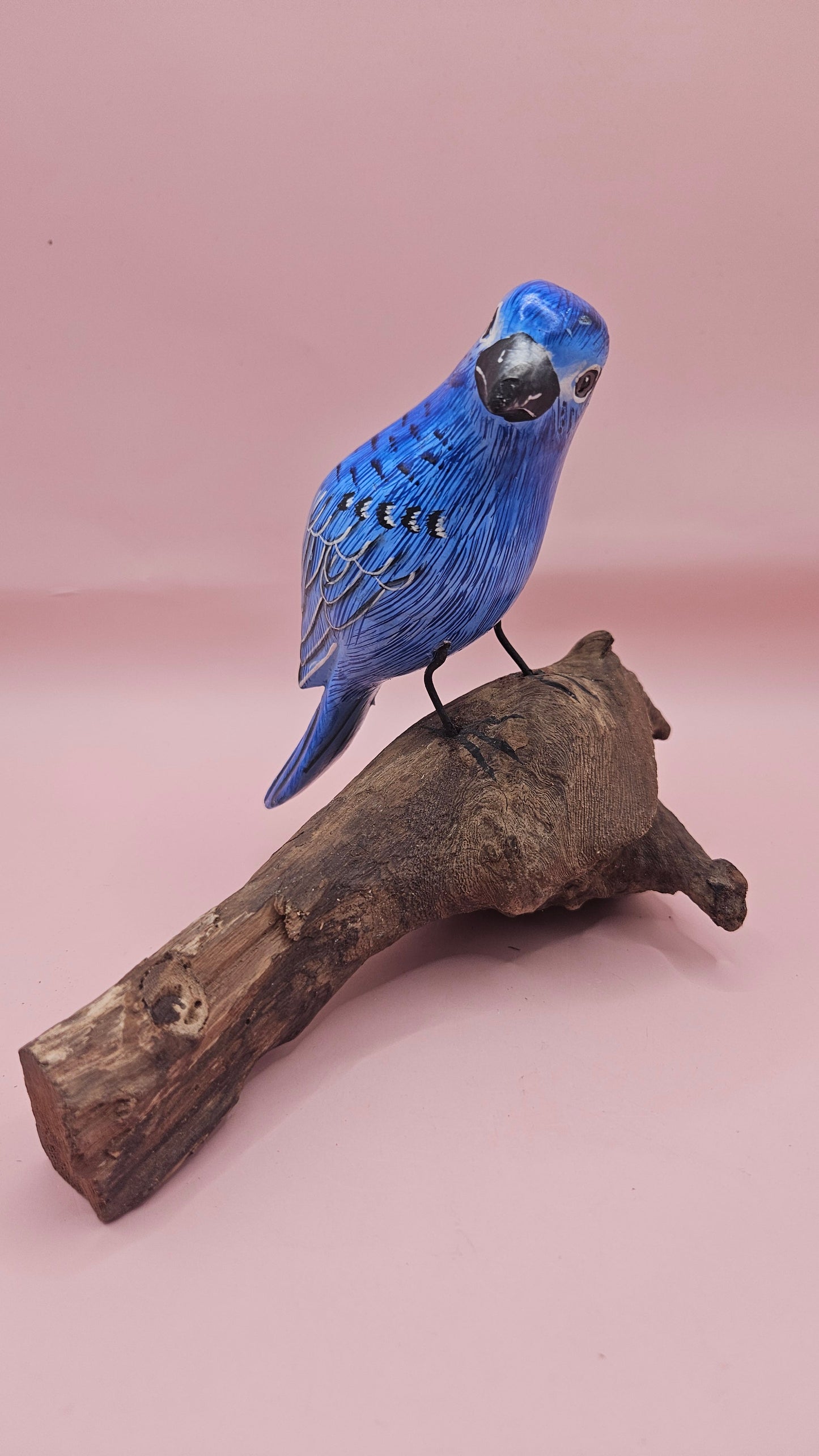 Handmade Blue Songbird on Driftwood Perch – 6.7x4.5 Folk Art Bird Sculpture