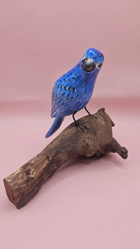 Handmade Blue Songbird on Driftwood Perch – 6.7x4.5 Folk Art Bird Sculpture