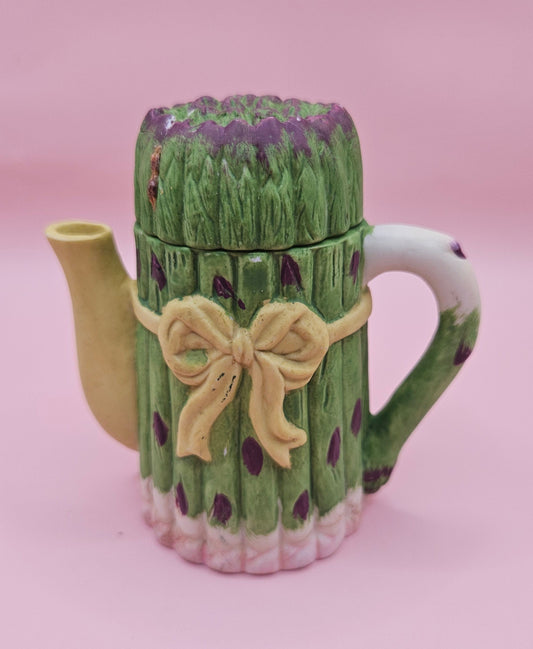Vintage Asparagus Miniature Ceramic Teapot with Lid – Vegetable Kitchen Decor – 3.6x3.3