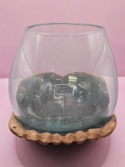 Carved Wooden Hand and Molten Glass Terrarium