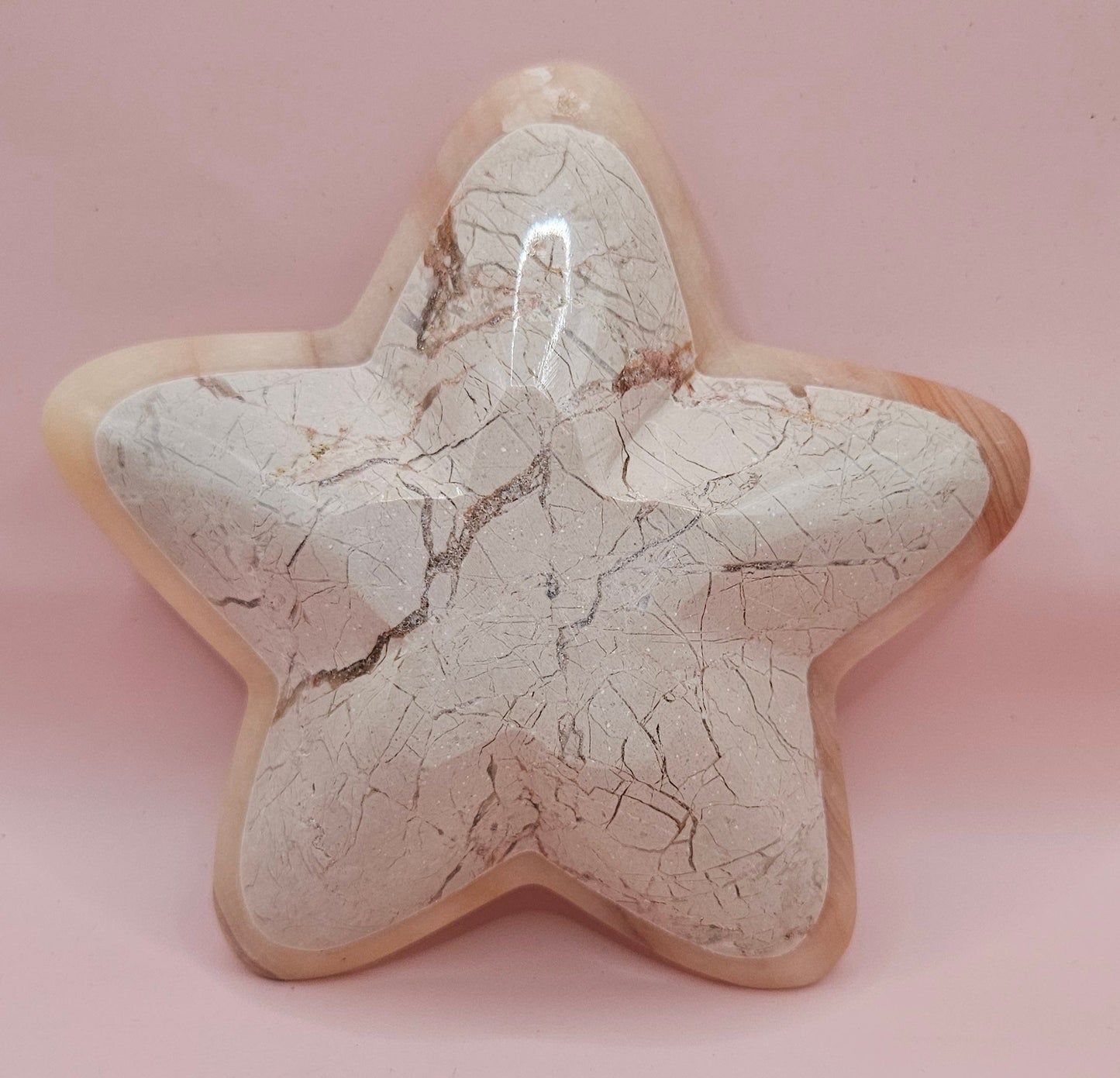 Polished Onyx Star Dish – Pale Marbled Stone Bowl 6.25"