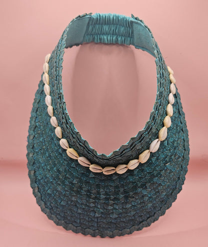 Cowrie Shell Woven Palm Leaf Visor – Handmade Straw Sun Hat with Elastic Band | Black, Blue, Green, or Yellow