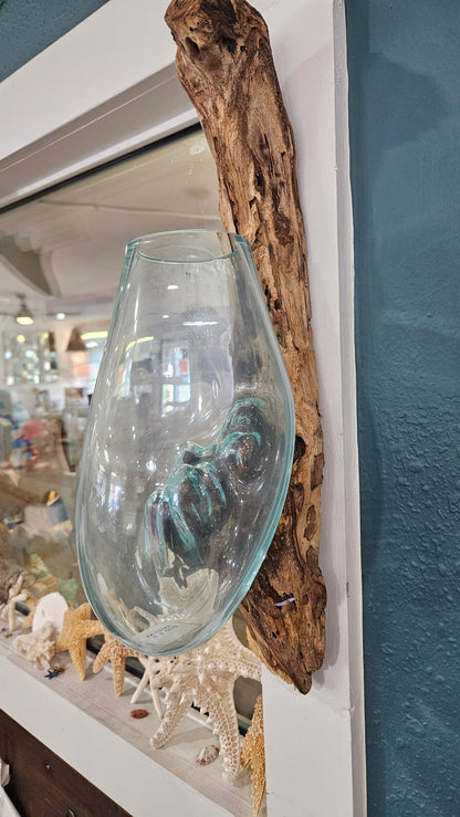 Wall Hanging Teak Wood and Molten Glass Terrarium