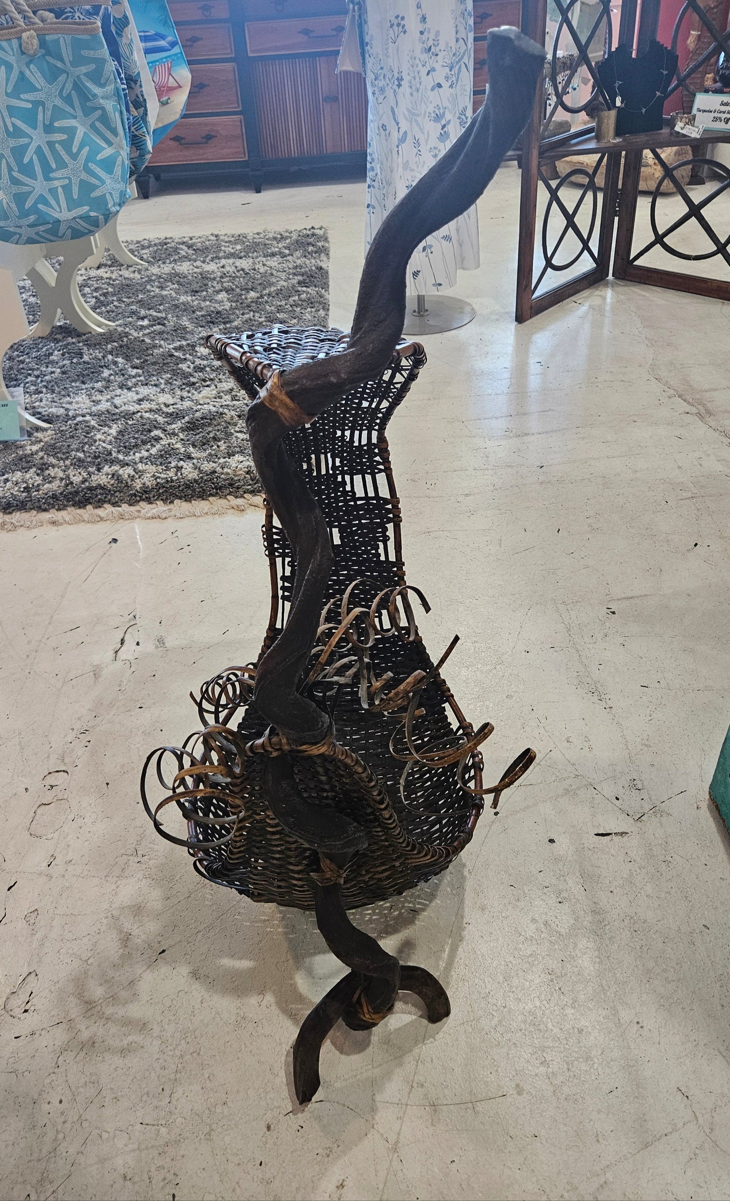 Large Wood & Rattan Abstract Basket – 23.5" x 38"