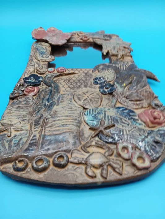 Handmade Ceramic Coastal Mirror with Hibiscus & Heron – 13.5" x 8"