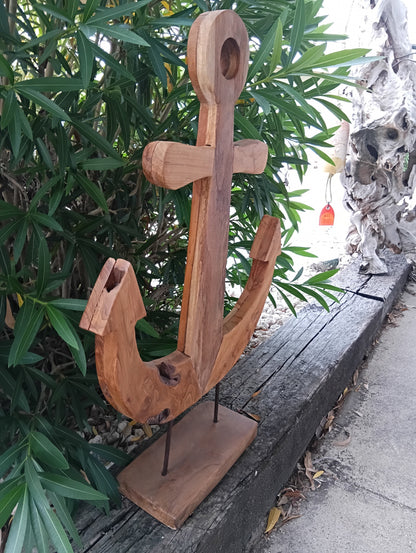 Rustic Teak Anchor Sculpture – Coastal Nautical Decor
