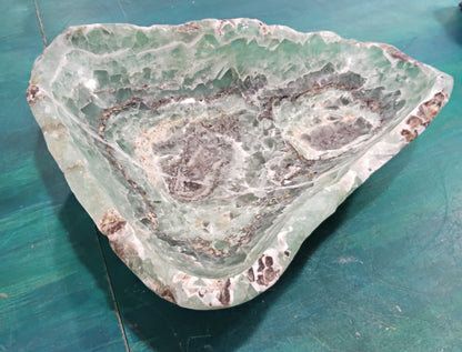 Carved Fluorite Bowl – Natural Green & Purple Crystal Display – 14.5" Decorative Stone Centerpiece