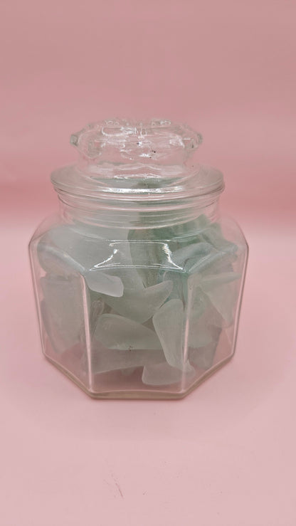 Hexagonal Glass Jar Filled with Aqua Seaglass – Coastal Home Decor Accent (4.1x3.8)