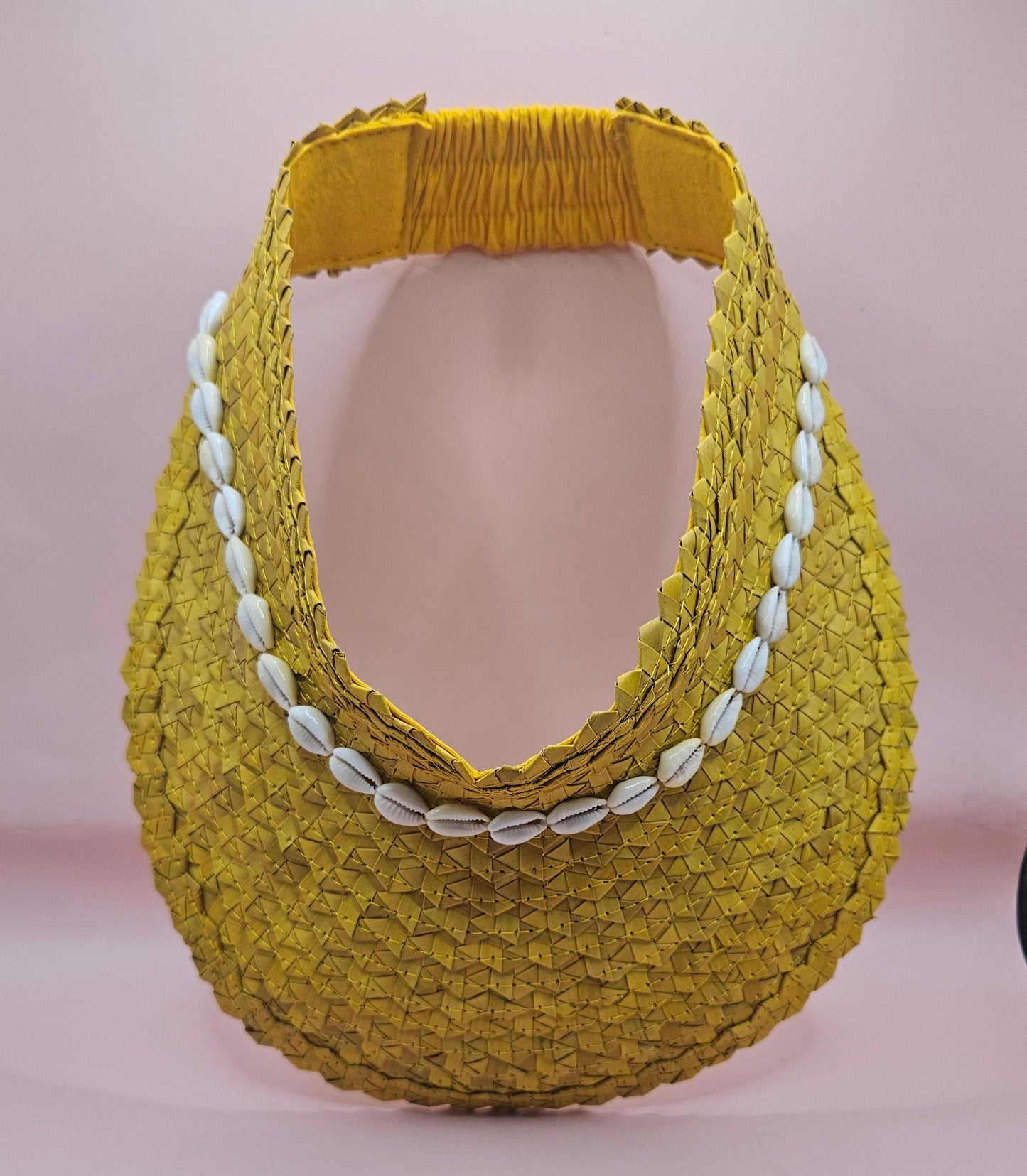 Cowrie Shell Woven Palm Leaf Visor – Handmade Straw Sun Hat with Elastic Band | Black, Blue, Green, or Yellow