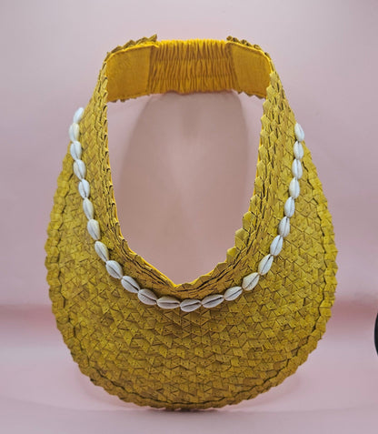 Cowrie Shell Woven Palm Leaf Visor – Handmade Straw Sun Hat with Elastic Band | Black, Blue, Green, or Yellow