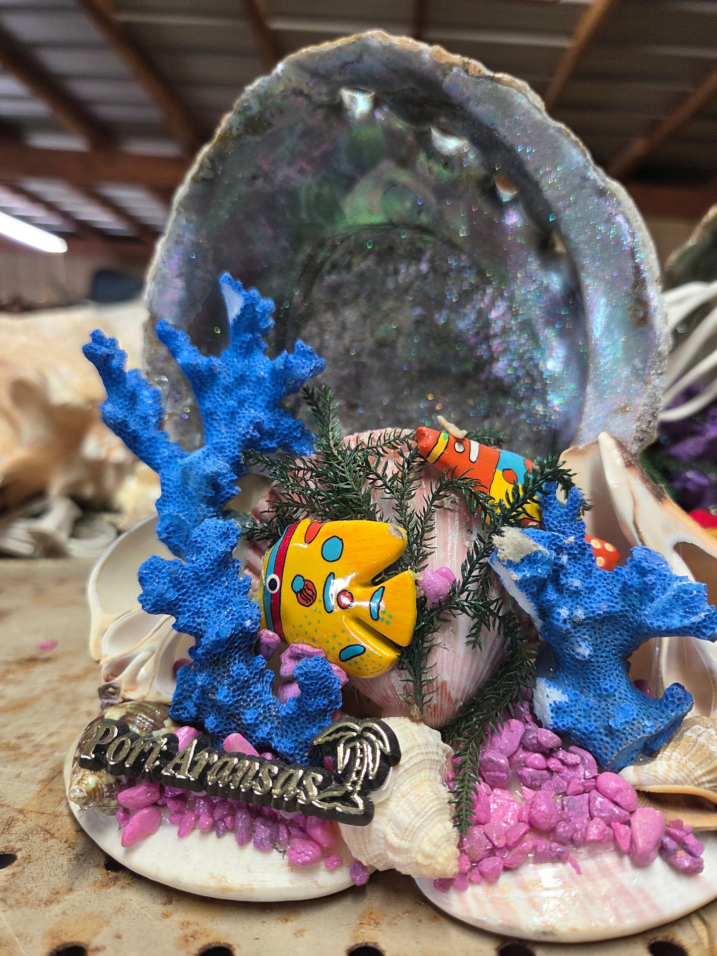 Abalone Shell & Colored Coral with Fish novelty/ light