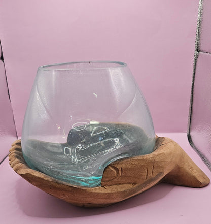 Carved Wooden Hand and Molten Glass Terrarium