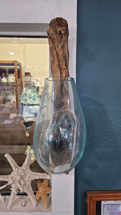 Wall Hanging Teak Wood and Molten Glass Terrarium