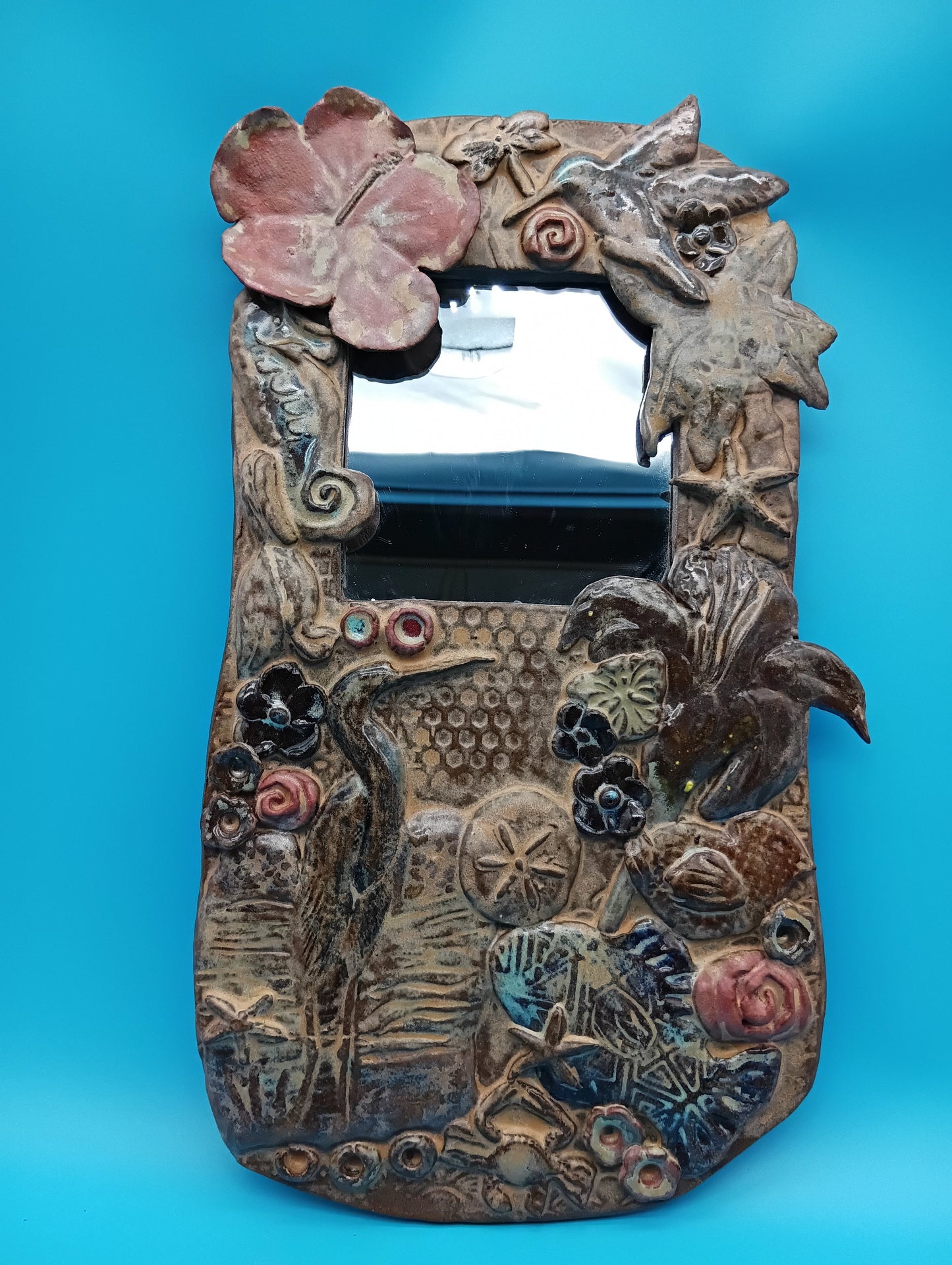 Handmade Ceramic Coastal Mirror with Hibiscus & Heron – 13.5" x 8"