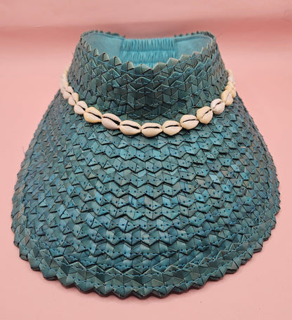 Cowrie Shell Woven Palm Leaf Visor – Handmade Straw Sun Hat with Elastic Band | Black, Blue, Green, or Yellow