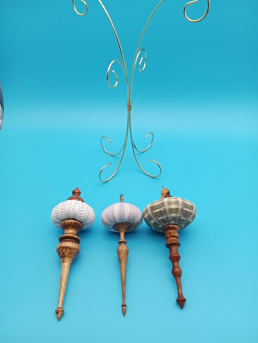 Real Sea Urchin Ornament with Hand-Turned Wood Finial – 3 Variants