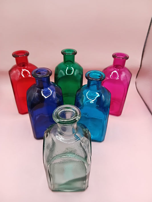 Vintage Square Glass Bottles  – Available in Clear, Green, Pink, Red, Blue, Teal – 5.5" Tall