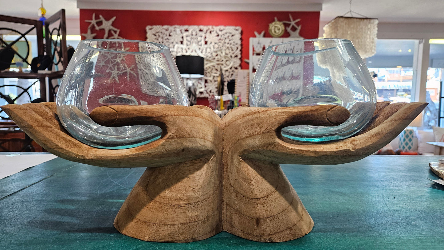 Carved Wooden Hand and Molten Glass Terrarium
