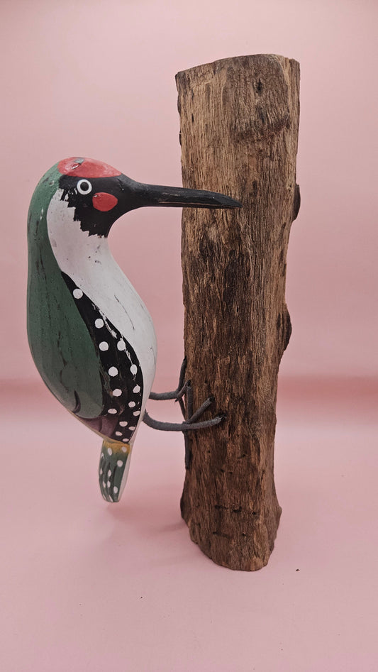 Hand-Painted Woodpecker on Natural Wood – Rustic Bird Decor (3 Color Options)