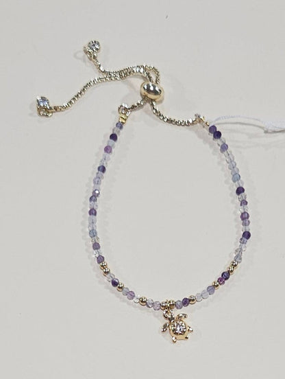 Natural Gemstone Bracelet with Turtle Charm – Adjustable Fit