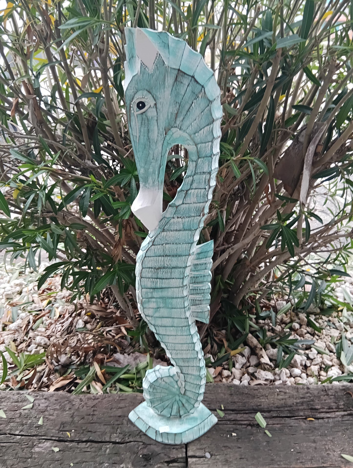 Hand-Carved Wooden Seahorse Sculpture – Coastal Decor in Blue, Teal, or Brown