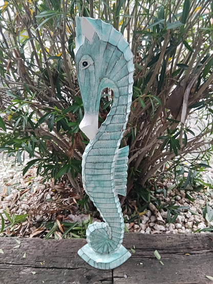 Hand-Carved Wooden Seahorse Sculpture – Coastal Decor in Blue, Teal, or Brown