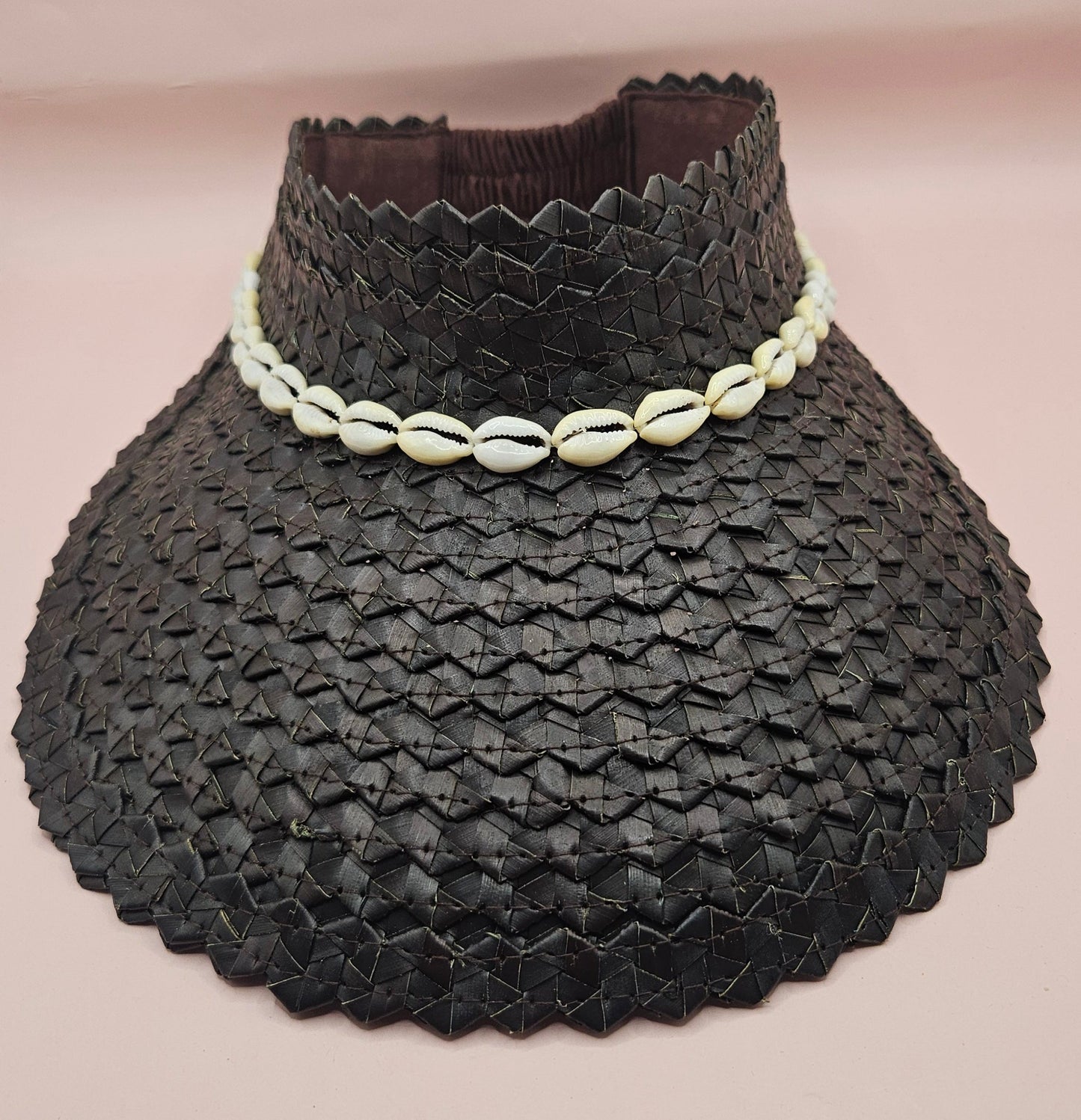 Cowrie Shell Woven Palm Leaf Visor – Handmade Straw Sun Hat with Elastic Band | Black, Blue, Green, or Yellow