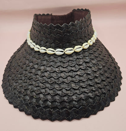 Cowrie Shell Woven Palm Leaf Visor – Handmade Straw Sun Hat with Elastic Band | Black, Blue, Green, or Yellow