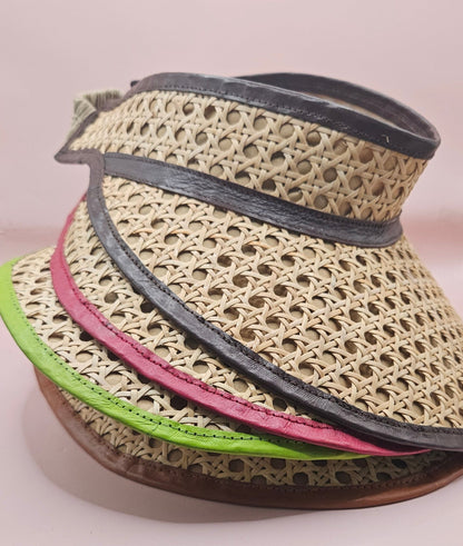 Woven Rattan Cane Visor with Leather Trim – Summer Sun Hat with Elastic Fit | 4 Color Options