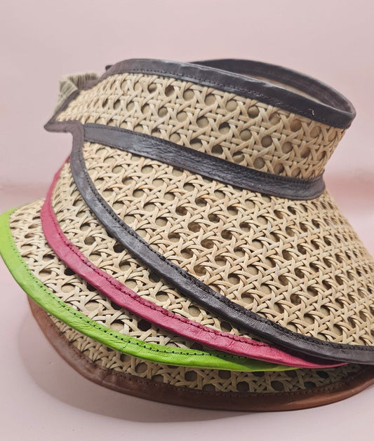 Woven Rattan Cane Visor with Leather Trim – Summer Sun Hat with Elastic Fit | 4 Color Options