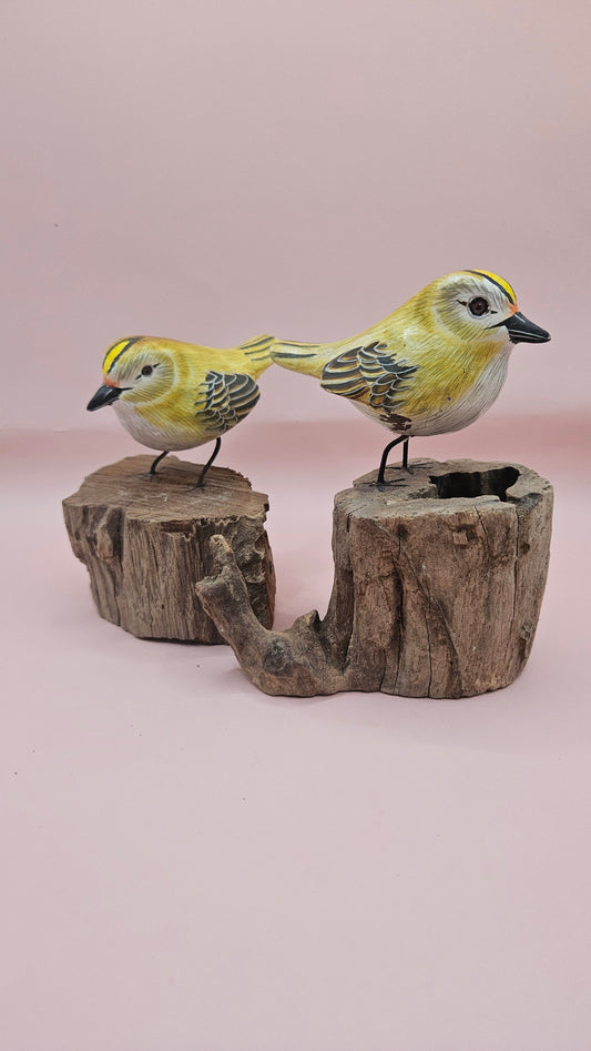 Handcrafted Yellow Songbird on Wood Stump – Folk Art Bird Decor