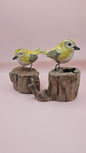 Handcrafted Yellow Songbird on Wood Stump – Folk Art Bird Decor