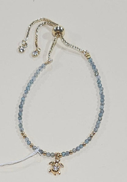 Natural Gemstone Bracelet with Turtle Charm – Adjustable Fit