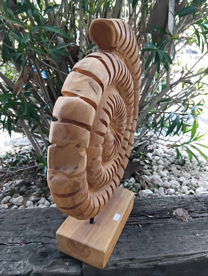 Wooden Ammonite Fossil Sculpture – Coastal Carved Spiral Décor on Stand
