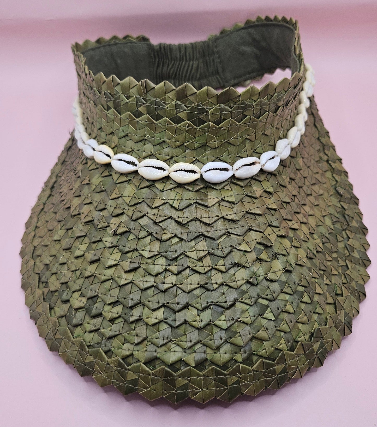 Cowrie Shell Woven Palm Leaf Visor – Handmade Straw Sun Hat with Elastic Band | Black, Blue, Green, or Yellow