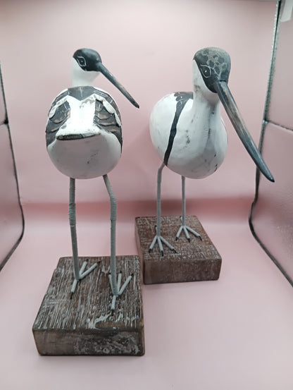 Wooden Avocet Bird Sculptures – 12-13” Coastal Shore Birds on Stands, Two Styles