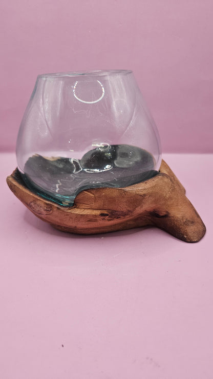 Carved Wooden Hand and Molten Glass Terrarium