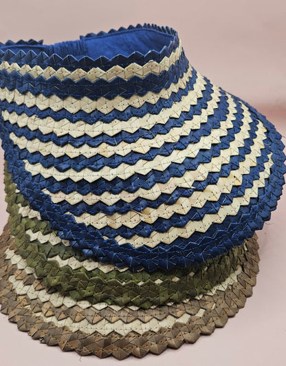 Striped Woven Palm Leaf Visor – Straw Sun Hat | Blue, Green, or Natural | Elastic Back