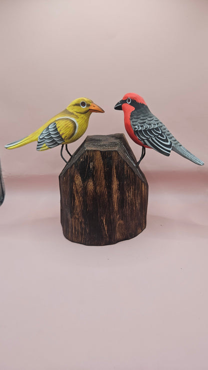 Handmade Wooden Songbird Figurines – on Natural Stump Base-Rustic Woodland Decor