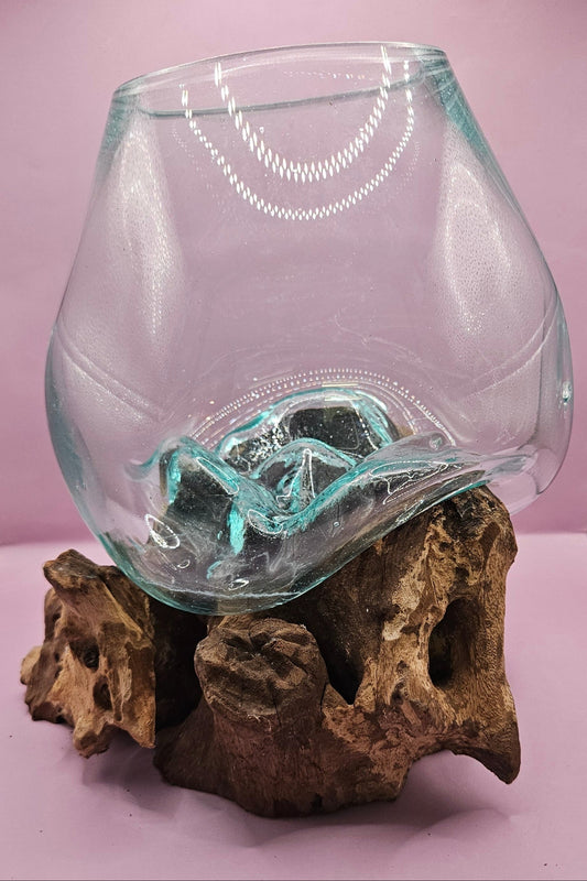 Small/Medium Teak Root Driftwood and Molten Glass Terrarium- Single Globe
