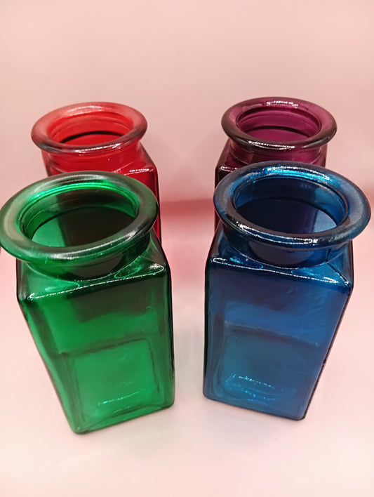 Vintage Apothecary Glass Bottle – Square Decorative – 6" x 2.8" – Green, Blue, Red, or Purple