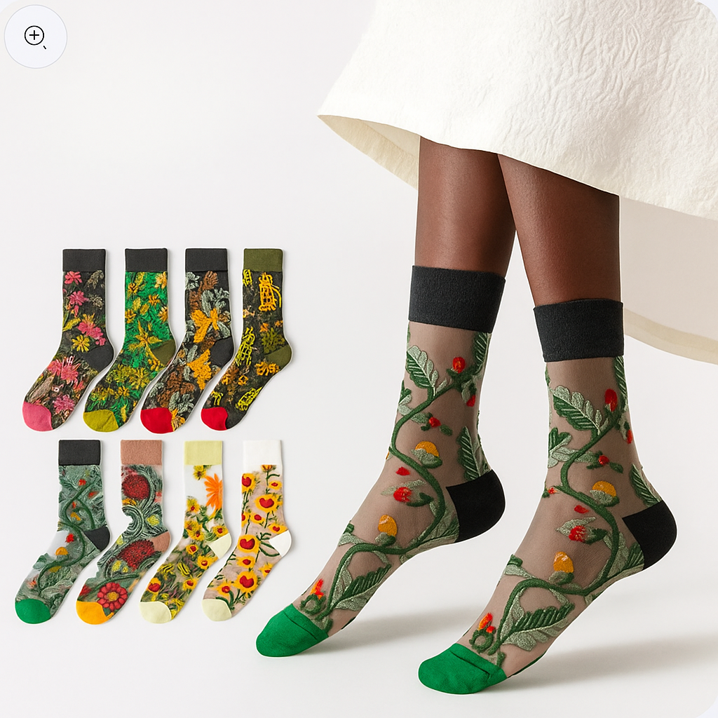 BotaniBabe Sheer Bloom Socks – Embroidered Crystal Silk Socks