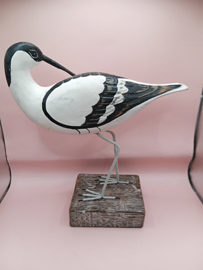 Wooden Avocet Bird Sculptures – 12-13” Coastal Shore Birds on Stands, Two Styles