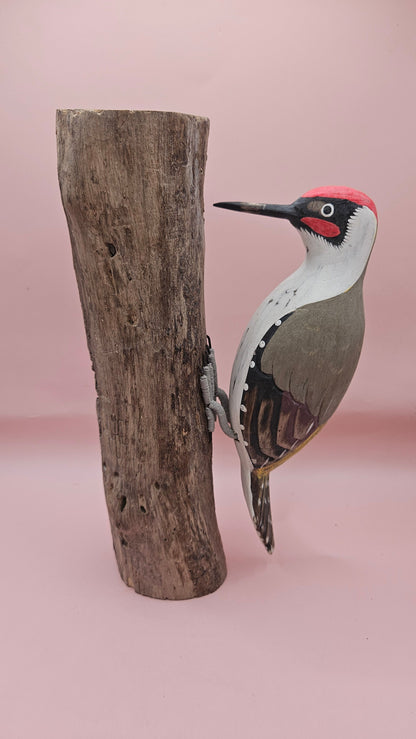 Hand-Painted Woodpecker on Natural Wood – Rustic Bird Decor (3 Color Options)